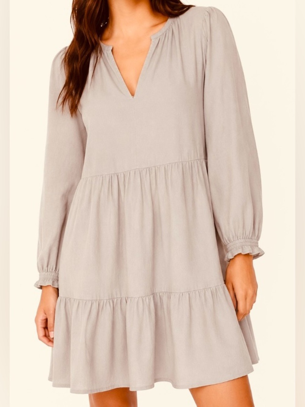 Cynthia Rowley Taupe Long-Sleeve Tiered V-Neck Dress